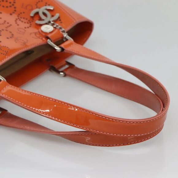 CHANEL Punching Tote Bag Enamel Orange Silver CC Auth - Picture 6 of 15